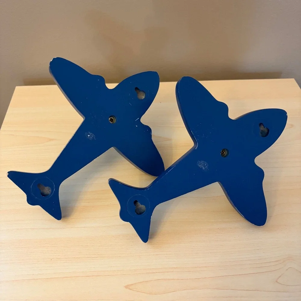 Set of 2 Navy Blue Wooden Airplane‎ Wall Hooks Kids Nursery Aviation Decor Pegs